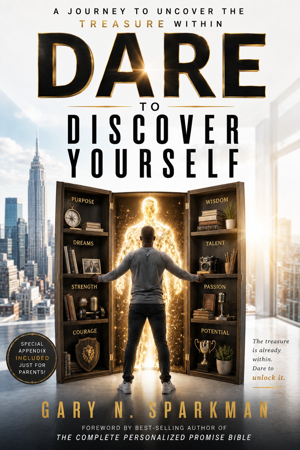 Dare to Discover Yourself book cover: a man opening a cabinet of his own gifts